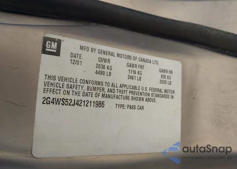 2002 Buick Century Custom from USA, damaged, VIN 2G4WS52J421211986